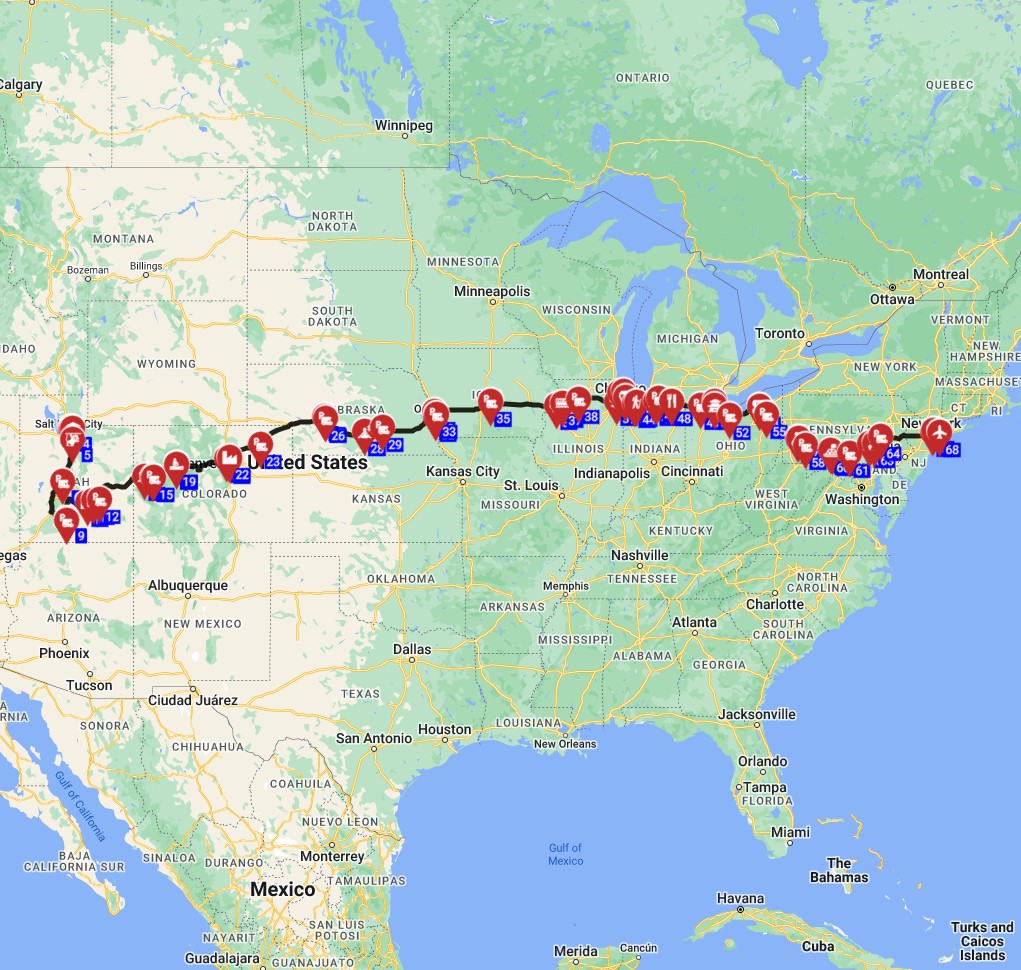 Salt Lake City to New York  USA Motorhome trip route planner tool for RV trip
